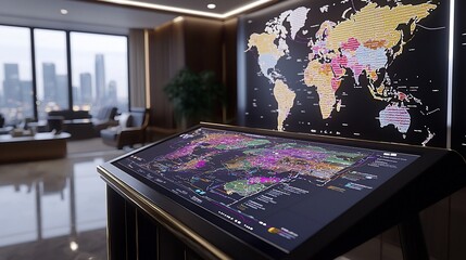 Poster - Modern office with interactive world map display.