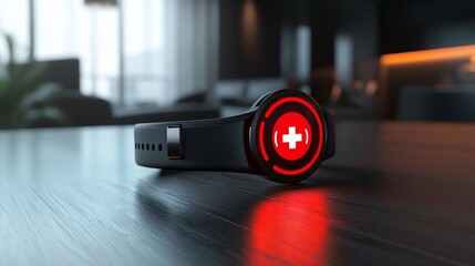 Poster - Smartwatch with red medical cross symbol, resting on a dark wooden surface.