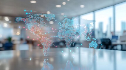 Poster - Global network connection concept visualized as a 3D world map hologram above a blurred office background.