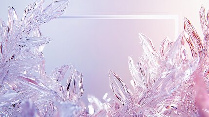 Poster - Close-up of delicate, translucent ice crystals against a soft pink and purple background, creating a dreamy, ethereal scene.