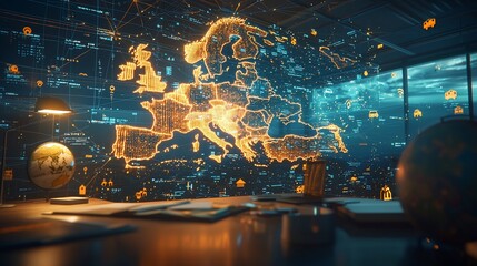 Poster - Glowing digital map of Europe on desk.