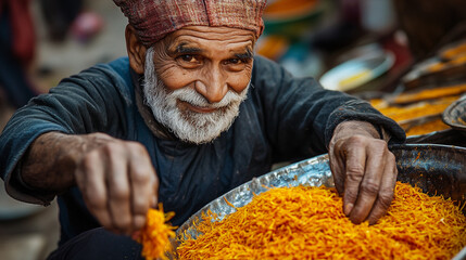 Elderly vendor selling vibrant saffron in a bustling market. 