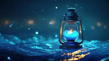 Poster - Glowing blue lantern floats on dark water.