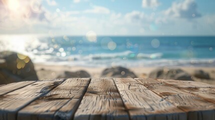 Wall Mural - Aged wooden pedestal with free space and blurred summer beach landscape as background