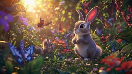 Wall Mural - Cute bunny and squirrel in magical garden.