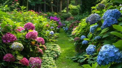 Wall Mural - A pretty, lush ornamental garden, filled with healthy plants and bright, colorful hydrangea blossoms in multiple colors.