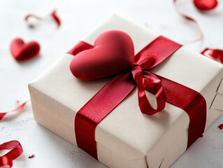 Photo of gift box and red ribbon . Valentine's day concept
