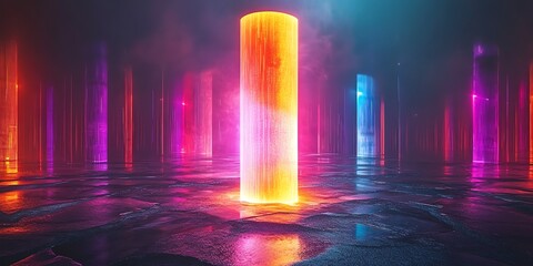 Aufkleber - A vibrant, futuristic scene featuring glowing pillars in a misty environment.