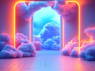 Poster - A vibrant, surreal doorway surrounded by colorful clouds, inviting exploration and imagination.