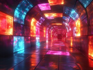 Aufkleber - A vibrant, illuminated tunnel with colorful reflections on walls and floor.