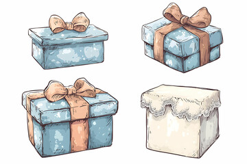 Wall Mural - Hand-Drawn Decorative Gift Boxes with Bows and Unique Designs in Soft Colors for Celebrations and Occasions