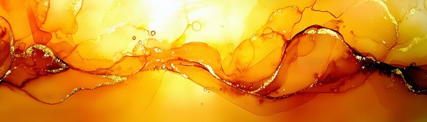 Poster - Abstract liquid flow in warm orange tones with golden highlights, creating a soft, dynamic backdrop of color and light for artistic and design use