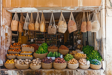 Canvas Print - Fresh fruits and vegetables displayed in vibrant market stall Generative Ai