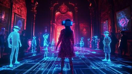 Poster - Girl explores virtual museum in VR headset, surrounded by digital avatars.