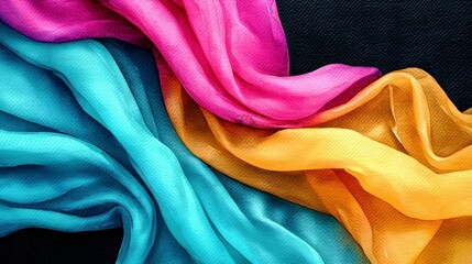 Poster - Vibrant Colorful Sheer Fabric Textures in Pink, Blue, Orange, and Yellow Draped Elegantly on Dark Background for Creative Art and Design Projects