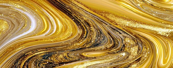 Poster - Swirling Gold and Black Abstract Background with Glittering Elements, Smooth Fluid Design, Artistic Fluidity and Elegant Textures in Warm Tones