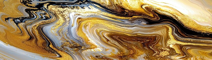 Poster - Abstract fluid art design with swirling patterns in gold, white and black tones creating a luxurious and vibrant visual effect for creative projects