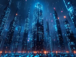 Poster - A futuristic cityscape with towering, illuminated skyscrapers and a digital atmosphere.