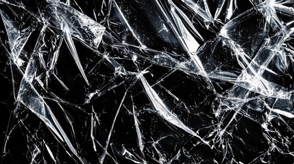 Poster - Detailed close-up of shattered glass fragments with sharp edges and intricate patterns on a dark background, creating a striking visual contrast and texture.
