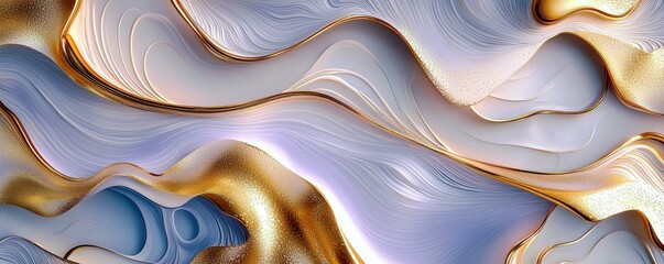 Poster - Abstract Flowing Waves in Soft Pastel Colors with Golden Highlights and Smooth Textures for Modern Art and Design Backgrounds