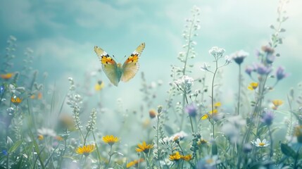 Butterfly flying over Wild flowers on the misty meadow field with. Soft blue natural background