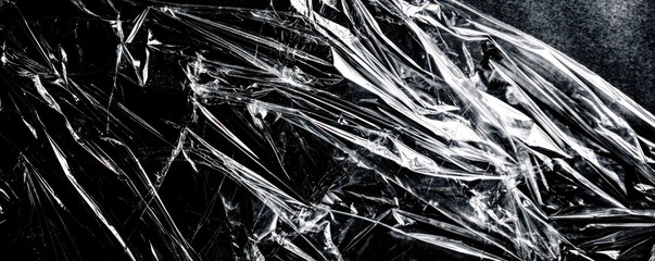 Poster - Abstract close-up of crumpled transparent plastic sheet reflecting light and shadows on dark surface with texture and dynamic lines creating a striking visual contrast