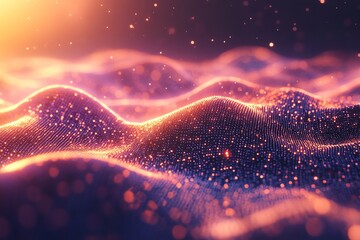 Poster - Abstract visualization of flowing waves with glowing particles and soft lighting.
