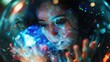 © Gams Images & Videos - A woman gazes intently through a translucent sphere, surrounded by colorful lights and patterns.