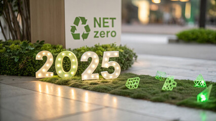 Illuminated numbers 2025 on grass, promoting net zero sustainability goals