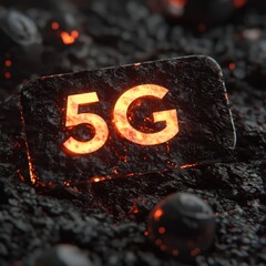 Poster - Glowing 5G Logo on Dark Textured Background with Fiery Elements