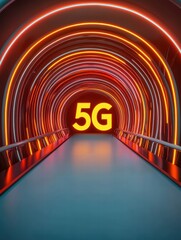 Poster - Futuristic Tunnel with Neon Lights and 5G Signage in Center