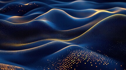 Poster - Abstract Blue and Gold Digital Wave Background Elegant 3D Render of Flowing Data Points and Lines