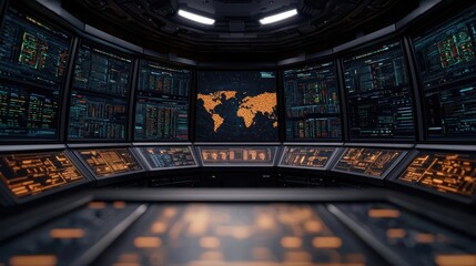Poster - Operation center idea. Futuristic control room with multiple screens displaying global data and analysis.