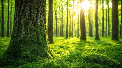 Poster - Moss forest concept. A serene forest scene with sunlight filtering through lush green trees and soft moss.
