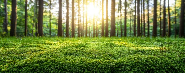 Poster - Moss forest concept. Serene sunlit forest with lush greenery and soft grass under vibrant trees.
