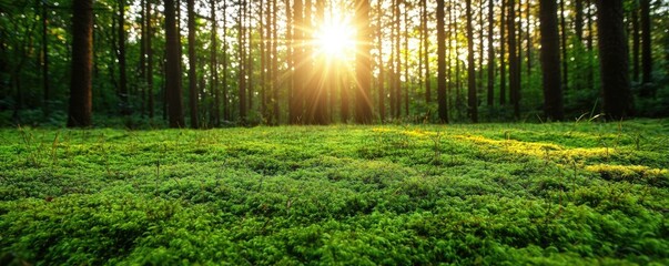 Poster - Moss forest concept. A serene forest scene with sunlight filtering through tall trees onto vibrant green moss.