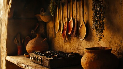 Poster - Rustic kitchen with wooden spoons, clay pots, and herbs.