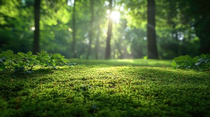 Poster - Moss forest concept. A tranquil forest scene with sunlight filtering through lush green foliage.