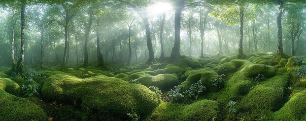 Poster - Moss forest concept. Serene forest landscape with sunlight filtering through lush green foliage.