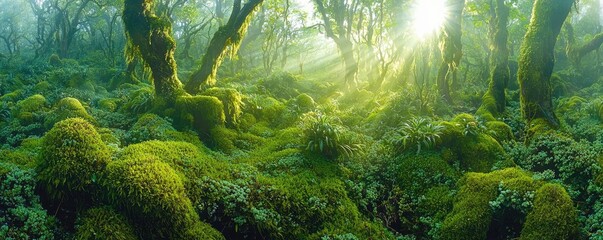 Poster - Moss forest concept. Lush green forest with sunlight filtering through towering trees and vibrant moss.