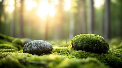 Poster - Moss forest concept. Serene forest scene with moss-covered stones illuminated by soft sunlight.