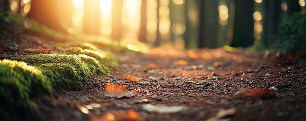 Poster - Moss forest concept. Serene forest path illuminated by golden sunlight and surrounded by lush greenery.