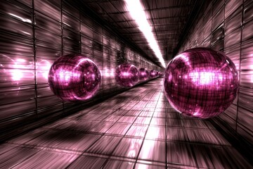 Poster - Futuristic Abstract Tunnel with Shiny Pink Spheres and Reflections