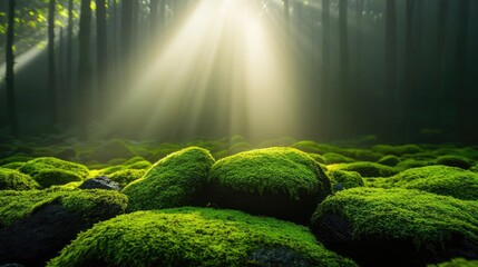 Poster - Moss forest concept. Sunlight illuminating green moss-covered rocks in a serene forest setting.