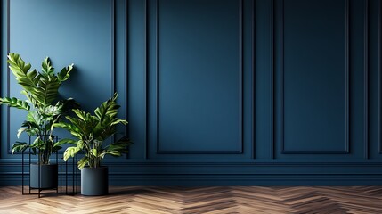 modern interior photograph featuring a minimalist style includes a dark blue paneled wall as the backdrop and three potted plants of varying heights, each placed in sleek black planters in foreground