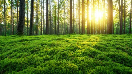 Poster - Moss forest concept. Serene forest landscape with vibrant green moss and sunlight filtering through trees.