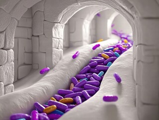 Poster - Colorful Capsules Flowing Through a White Tunnel in a Creative Setting