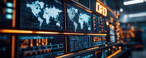 Poster - Operation center idea. Futuristic control room with high-tech screens and global data visualization.