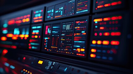 Poster - Operation center idea. Futuristic control panel with glowing buttons and screens in vivid colors.