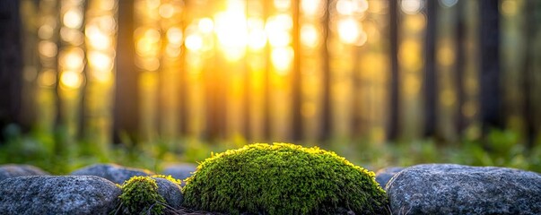 Poster - Moss forest concept. A serene forest scene with moss-covered stones and warm sunlight filtering through trees.